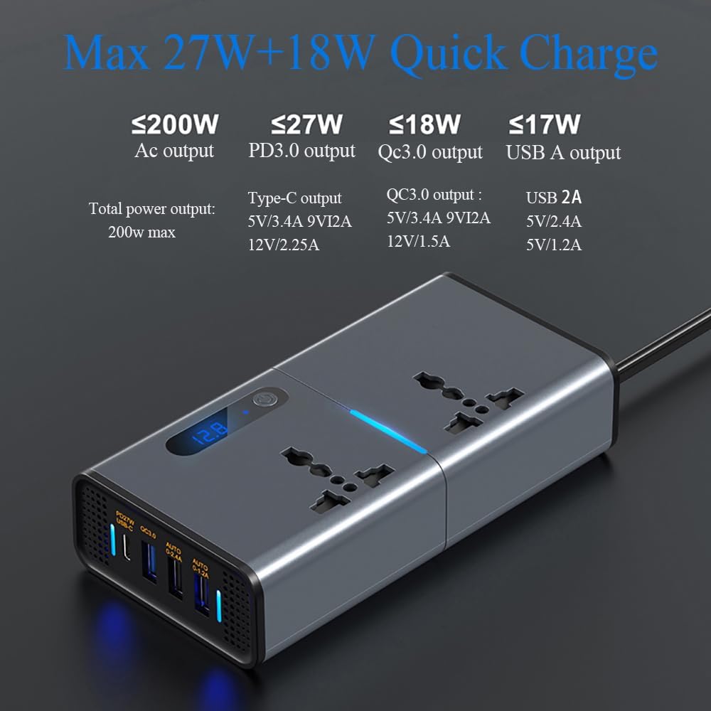 200W Car Power Inverter (مناسب للسيارات، محول سيارة تيار مستمر 12 فولت إلى 220 فولت مع 1.2 أمبير و2.4 أمبير)
